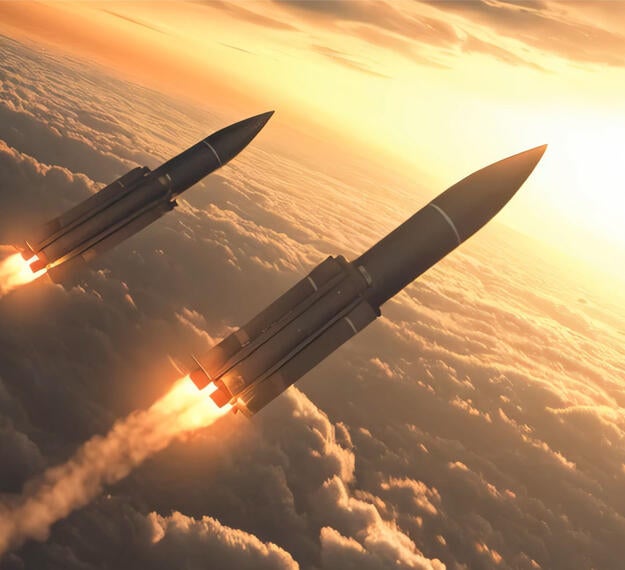 Multiple ballistic missiles soar through clouds - an advanced military technology concept illustration