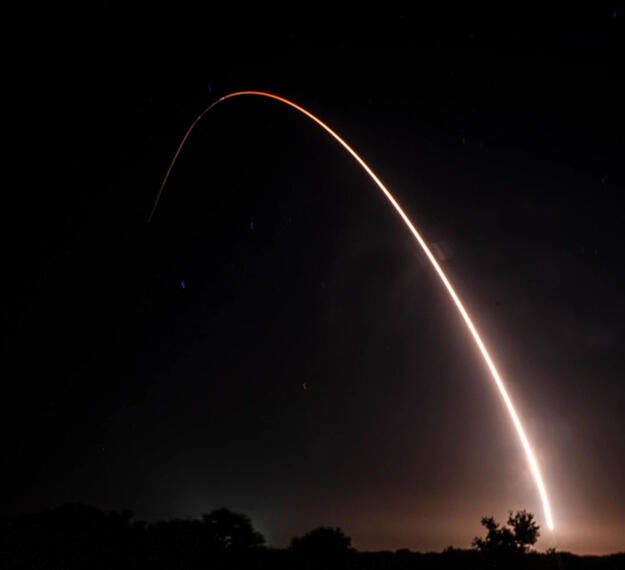 An unarmed Minuteman III Intercontinental Ballistic Missile launches during an operational test at 12:01 a.m. Pacific Time May 21, 2025, at Vandenberg Space Force Base, Calif.