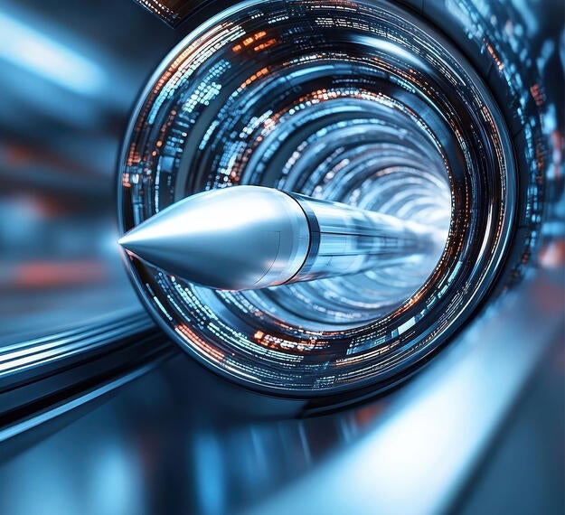 Concept drawing of Hypersonic missile traveling traveling through wormhole, form distorting