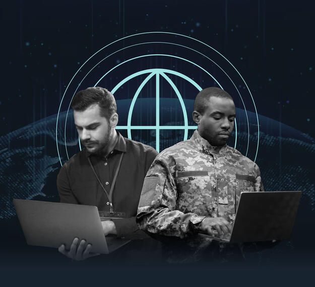Cybersecurity professionals overlays on illustrated globe background and globe with meridians icon