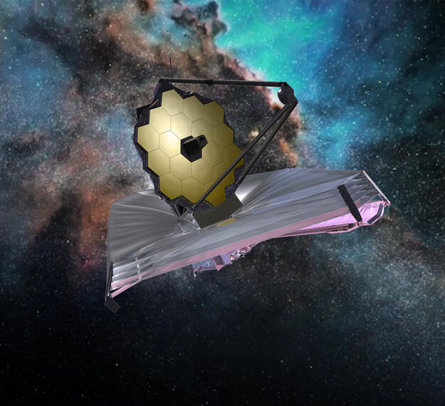 Rendering of James Webb Space Telescope over space nebula background