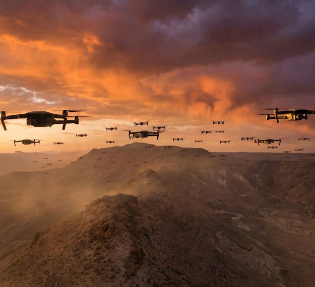 Drone swarm approaching a protected site monitored by Drone Guardian counter-UAS protection