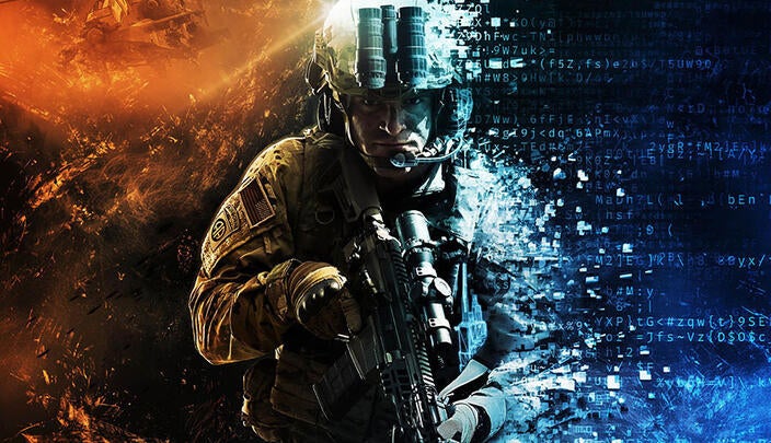 soldier surrounded by clouds with digital links