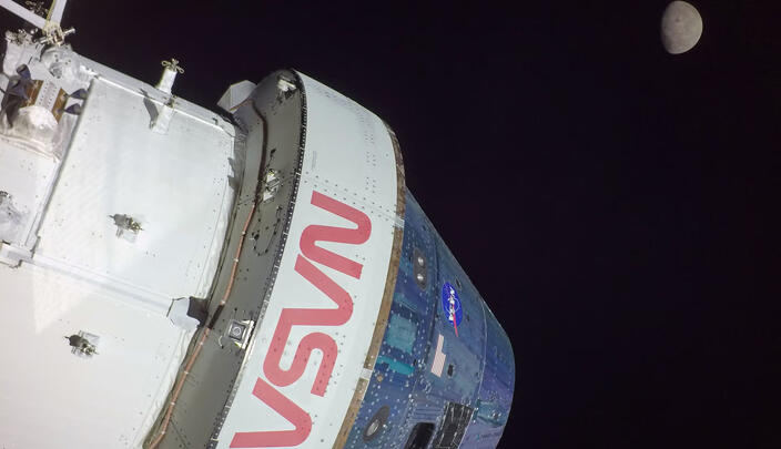 Nov. 26, 2022 - On flight day 11, NASA’S Orion spacecraft captured imagery looking back at the Earth from a camera mounted on one of its solar arrays. The spacecraft is currently in a distant retrograde orbit around the Moon. (Credit: NASA)