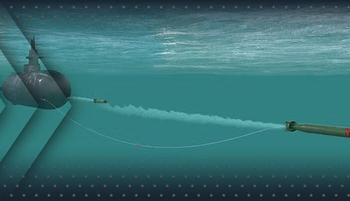 Water-submerged L3Harris IPLCS, a fiber-optic tether connecting a torpedo to the origin vessel