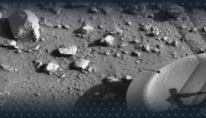 The first photograph ever taken on the surface of the planet Mars.