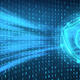 Graphic of digital lock flying through cyber background