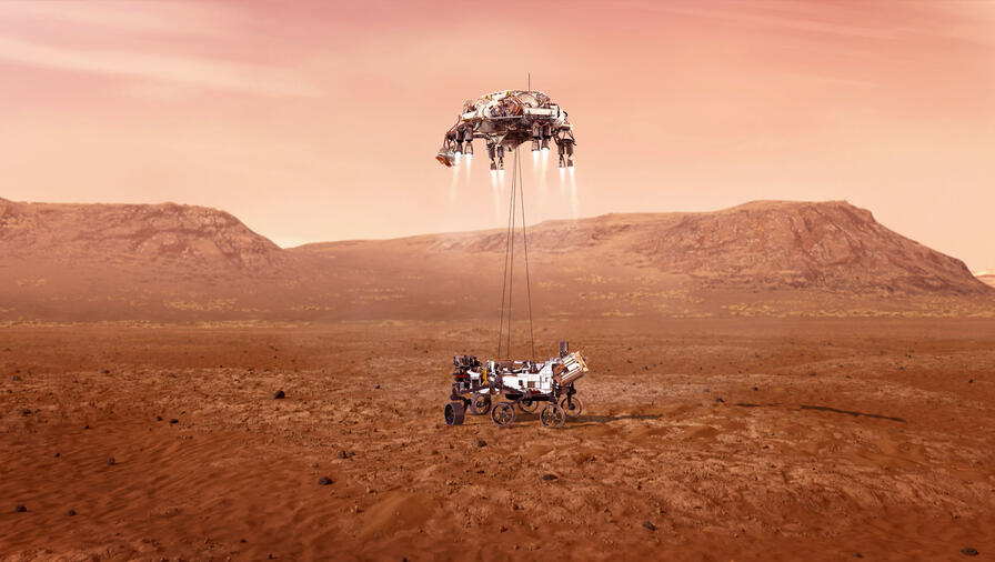 An illustration of NASA's Perseverance rover landing safely on Mars. CREDIT: NASA