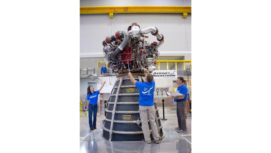 RS-25 engine inspection inside the engine assembly room at Aerojet Rocketdyne's Stennis Space Center Facility (August 2015). 1 of 3