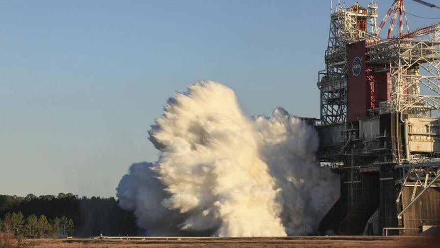 The core stage for the first flight of NASA’s SLS rocket is seen in the B-2 Test Stand during a scheduled eight minute duration hot fire test, Saturday, Jan. 16, 2021, at NASA’s Stennis Space Center near Bay St. Louis, Mississippi. Credit: NASA