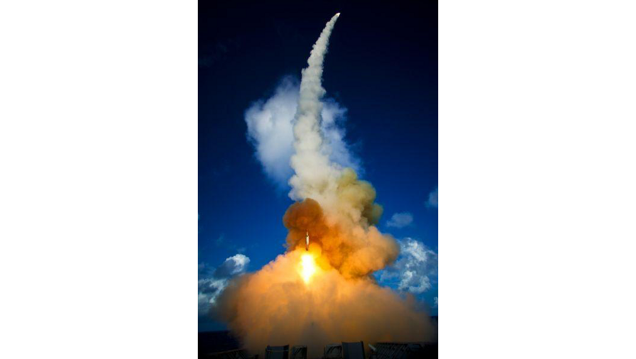 June 5, 2008-SM-2 launch: A short range, unitary, ballistic missile, Scud-like, target launches from the Mobile Launch Platform, the decommissioned USS Tripoli, in a MDA flight test June 5, 2008. Pacific Missile Range Facility, Kauai, HI. Credit: MDA