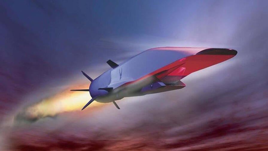 A hypersonic missile glides among red and blue clouds in an artist rendition