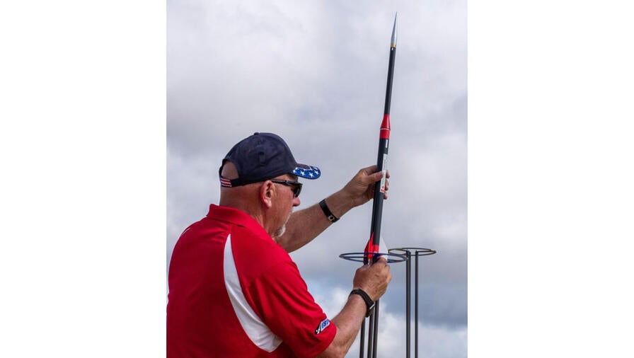 Matt S. preps his Black Brant IV scale altitude model for flight (Photo credit: Todd Schweim)