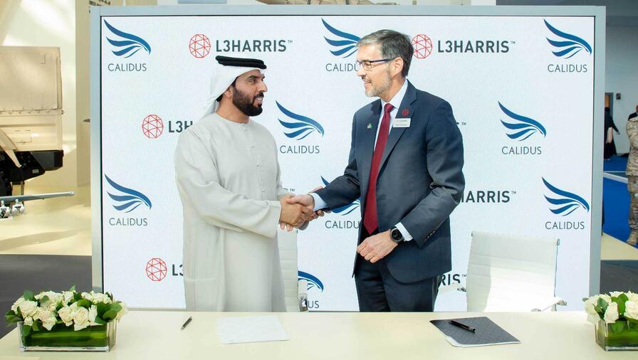 Khalifa Murad AlBlooshi, Chief Executive Officer of Calidus (left), and David Johnson, Corporate VP of L3Harris International at the World Defense Show.
