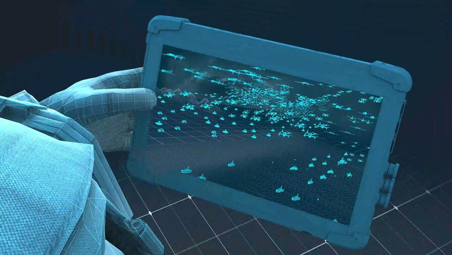 AMORPHOUS™ video teaser image of virtual soldier holding a tablet