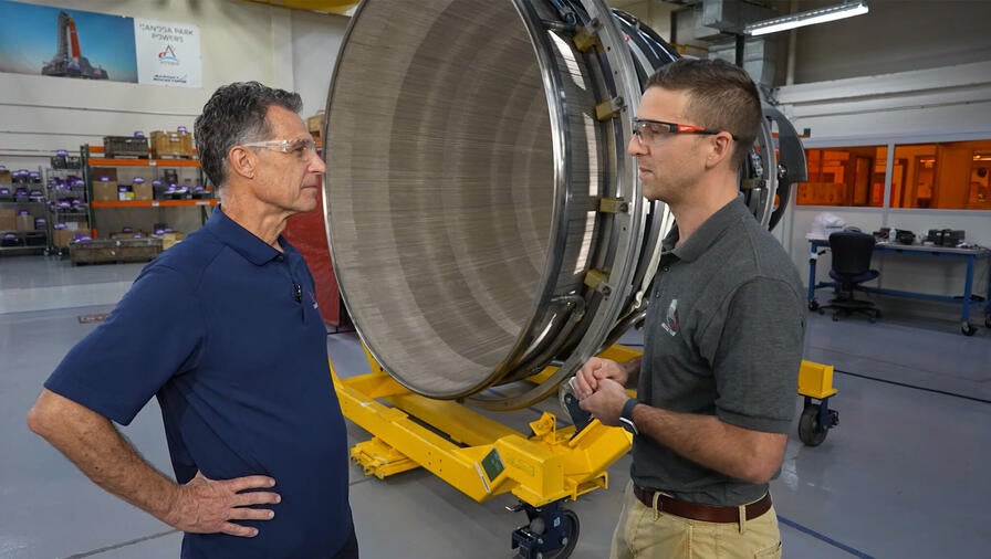 The video series highlights L3Harris products contributing to the return of astronauts to the Moon. This specific video discusses the nozzle on the new RS-25 production engine.