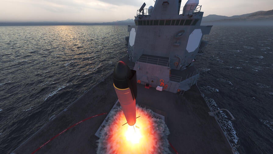 L3Harris artist’s rendering of a notional ramjet-powered munition being launched from a ship.