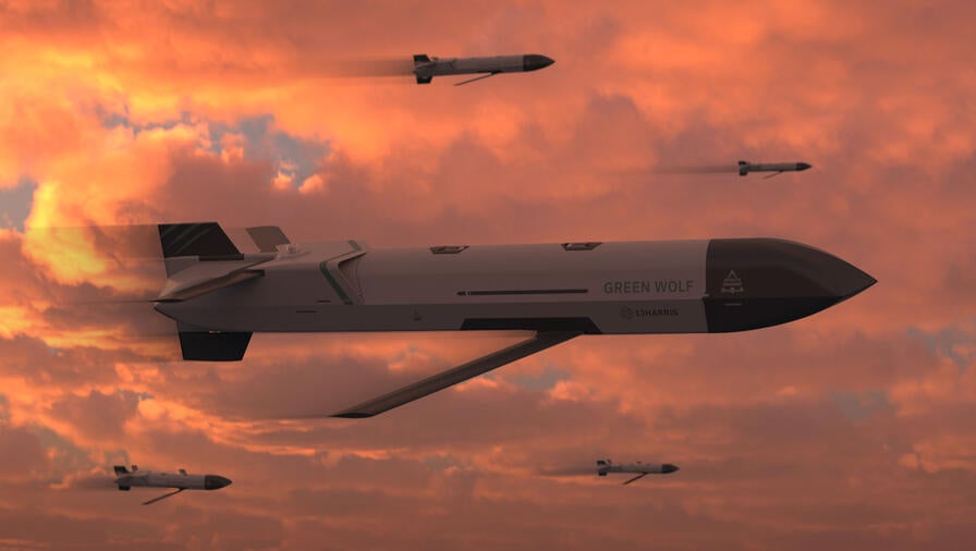 L3Harris Pack of Launched Effects, Green Wolf render in flight in cloudy sky at sunset