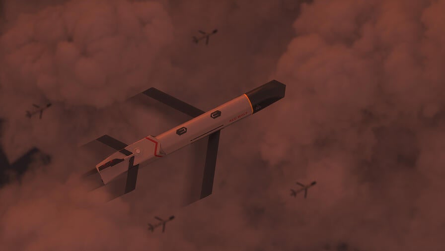 L3Harris' Pack of Launched Effects, rendering of top view of Red Wolf swarming cloudy skies