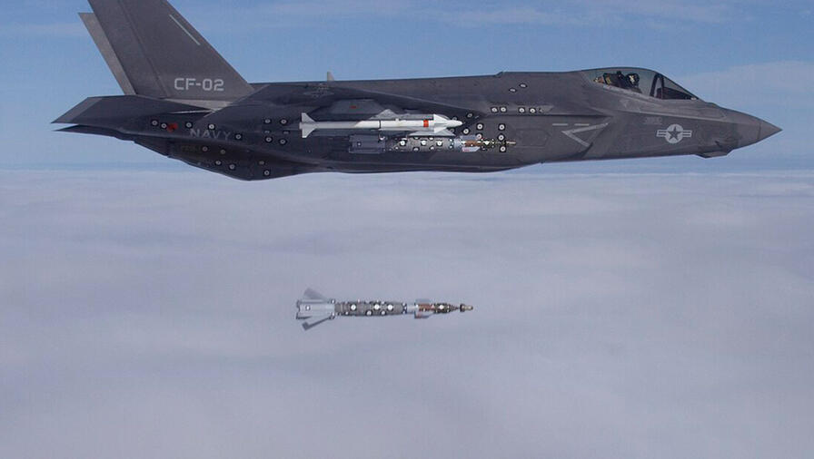 A U.S. Navy F-35 Lightning II over the Atlantic Test Ranges releases an inert GBU-12 Laser Guided Bomb from its BRU-68 Bomb Release Unit provided by L3Harris.