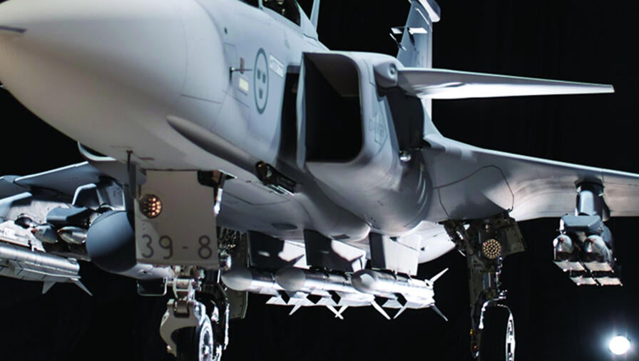 L3Harris’ MELP 5 pneumatic eject missile launcher integrated with a Saab Gripen E next-gen fighter jet.
