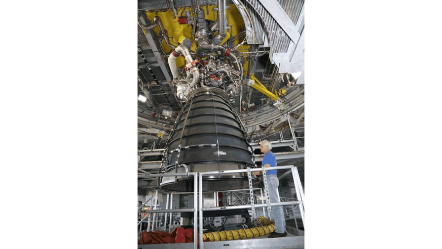 RS-25 development engine 0525 in the A-1 test stand at NASA's Stennis Space Center in Mississippi (August 2015).