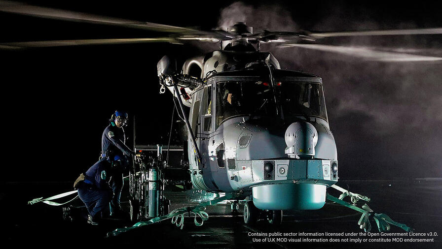 Leonardo AW159 Helicopter on a U.K. Royal Navy Ship at night with a spotlight on it