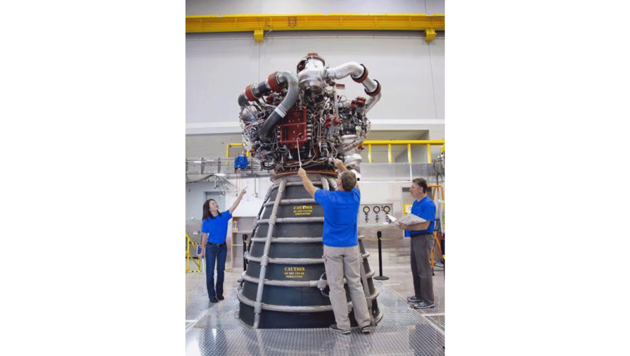 RS-25 engine inspection inside the engine assembly room at Aerojet Rocketdyne's Stennis Space Center Facility (August 2015). 1 of 3