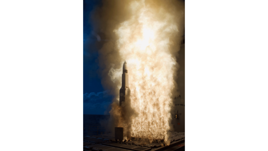 A Standard Missile-3 (SM-3) Block 1B interceptor missile is launched from the guided-missile cruiser USS Lake Erie (CG 70) during a Missile Defense Agency and U.S. Navy test in the mid-Pacific. The SM-3 Block 1B successfully intercepted a target missile that had been launched from the Pacific Missile Range Facility at Barking Sands in Kauai, Hawaii. Lake Erie detected and tracked the target with its on board AN/SPY-1 radar. The event was the third consecutive successful intercept test of the SM-3 Block IB m