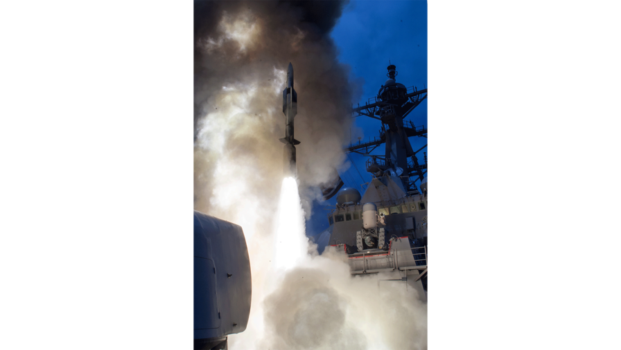 The Arleigh-Burke class guided-missile destroyer USS John Paul Jones (DDG 53) launches a Standard Missile-6 (SM-6) during a live-fire test of the ship's aegis weapons system. Over the course of three days, the crew of John Paul Jones successfully engaged six targets, firing a total of five missiles that included four SM-6 models and one Standard Missile-2 (SM-2) model. (U.S. Navy Photo).
