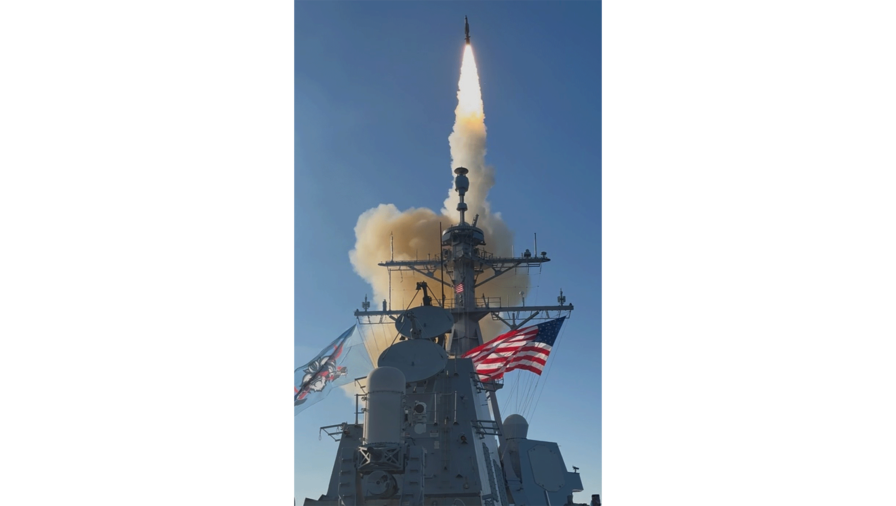 The Arleigh Burke-class guided-missile destroyer USS Thomas Hudner (DDG 116) launches an SM-6 missile during exercise At-Sea Demonstration (ASD)/Formidable Shield. ASD/FS 25 is the largest at-sea live-fire in the exercise European theater, hosted by U.S. 6th Fleet and executed by Naval Striking and Support Forces NATO. (U.S. Navy Photo).