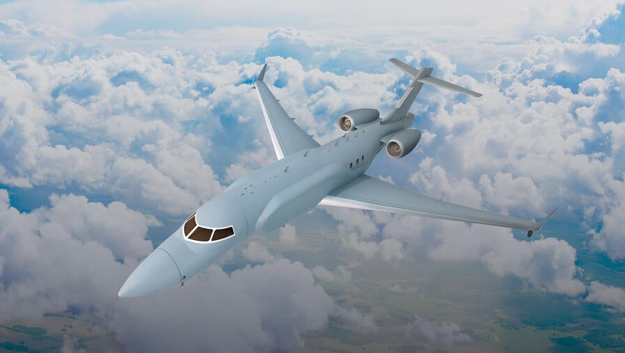 L3Harris' concept graphic of the top, left side view of the AERIS X Bombardier Global 6500 Variant in flight with sky and cloud background