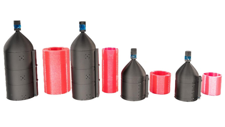 Drone Fiber Optic Tether (DFT) Pack Line-up (left to right: 20, 12, 5, 2 km) Outside Shells​