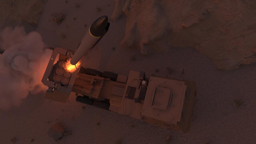 L3Harris artist’s concept of a notional ramjet-powered munition being fired from a mobile launch platform.